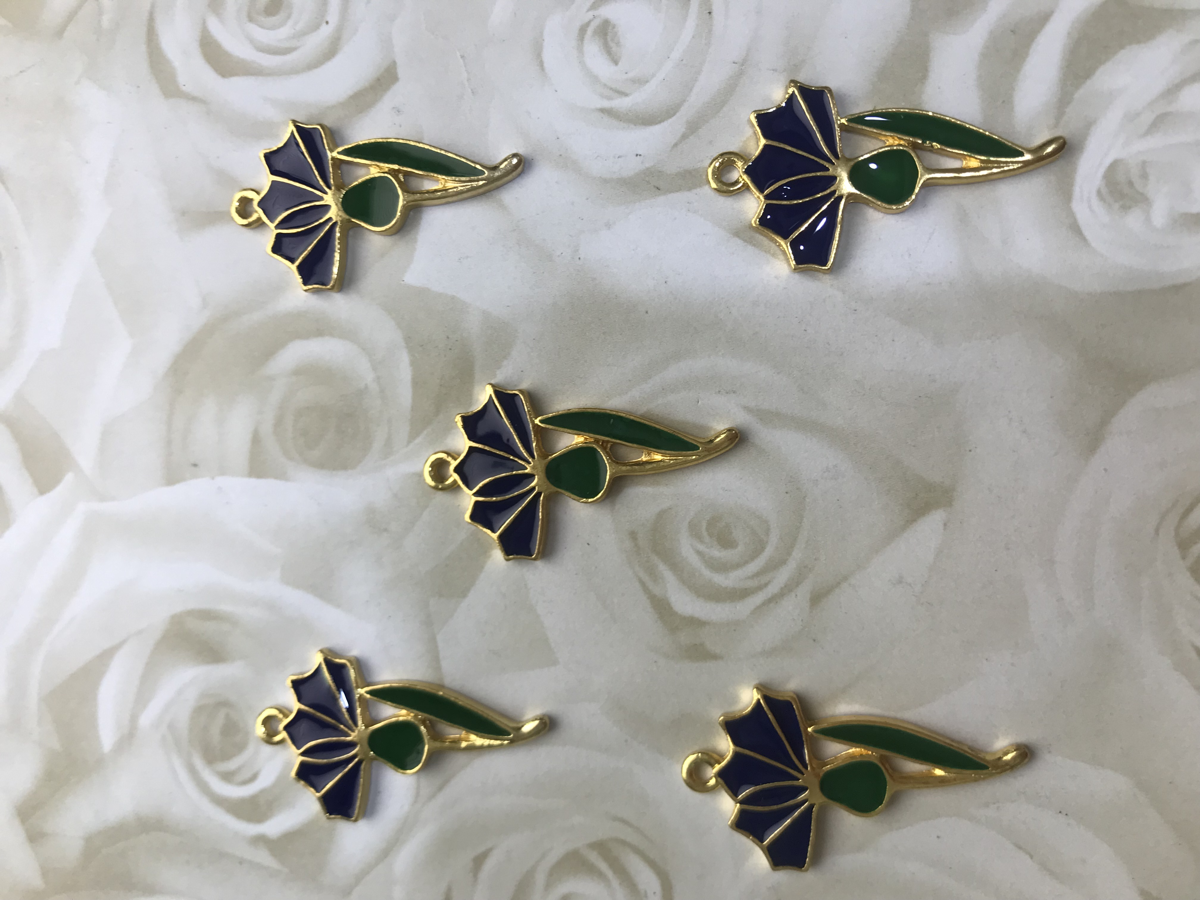 Gold Toned Enamel Cornflower 31x17mm Charms