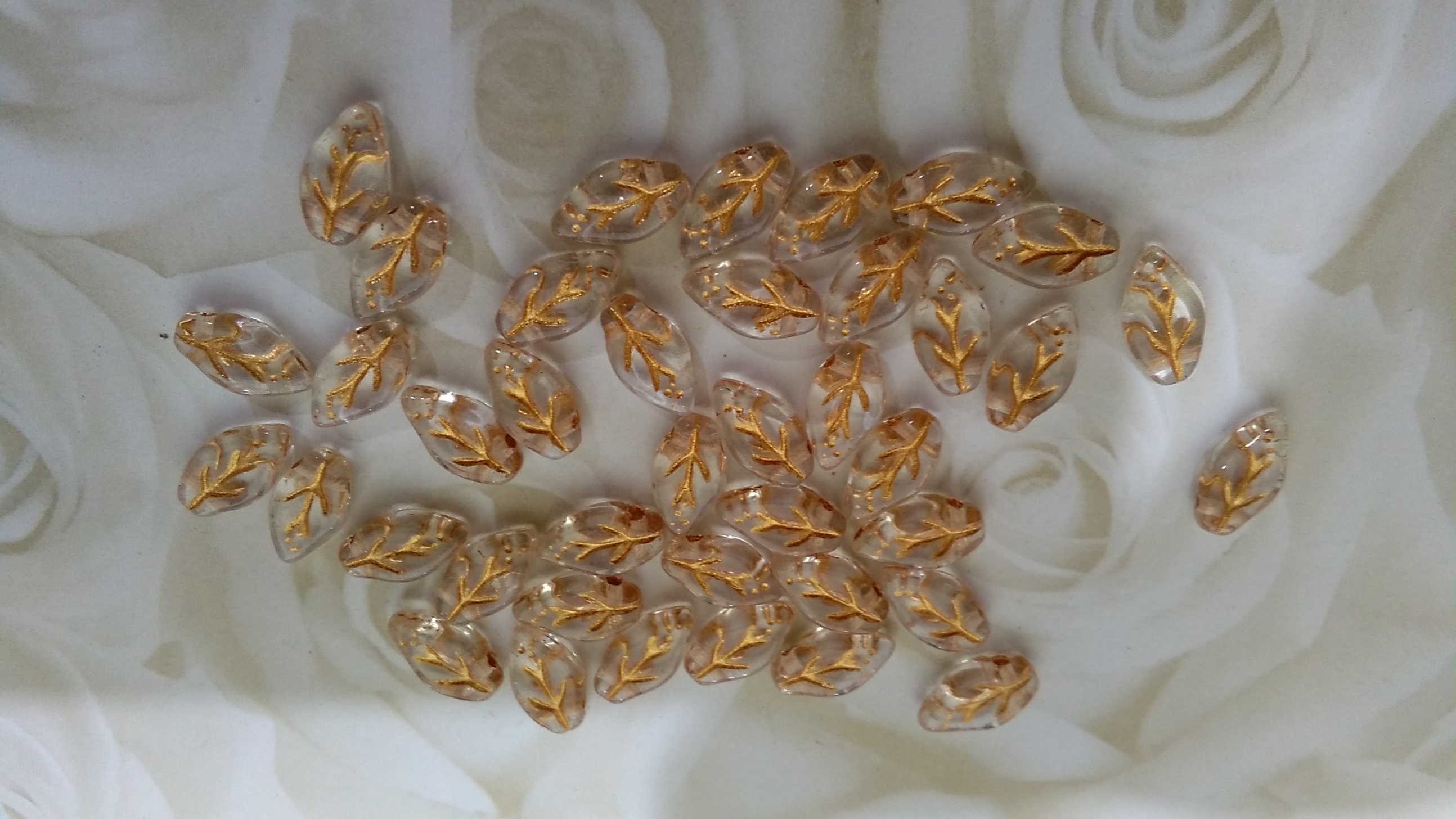 Czech Glass Gold Etched Leaves 10x6mm