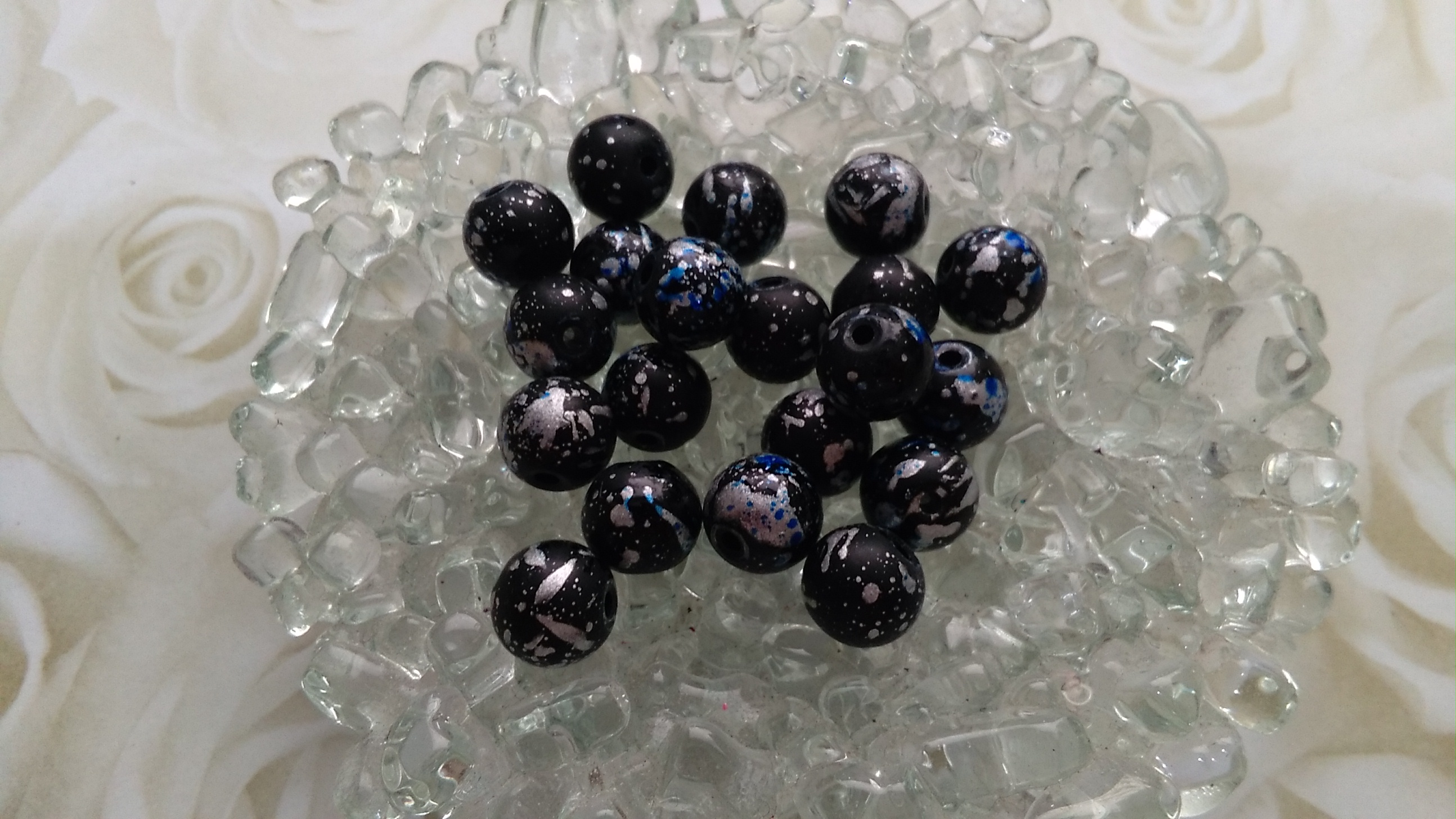 Glass Black/Silver/Blue Cosmic 8mm Beads