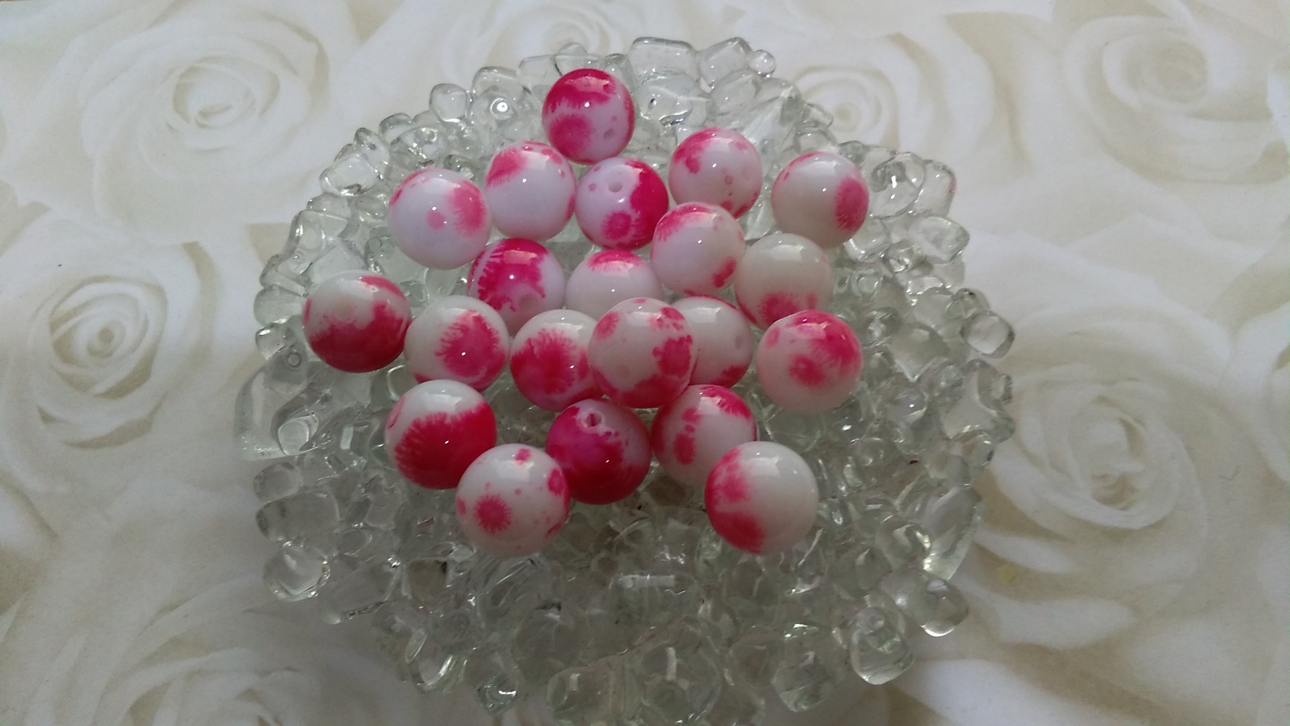 Glass White and Rose Pink Mottled 8MM Beads