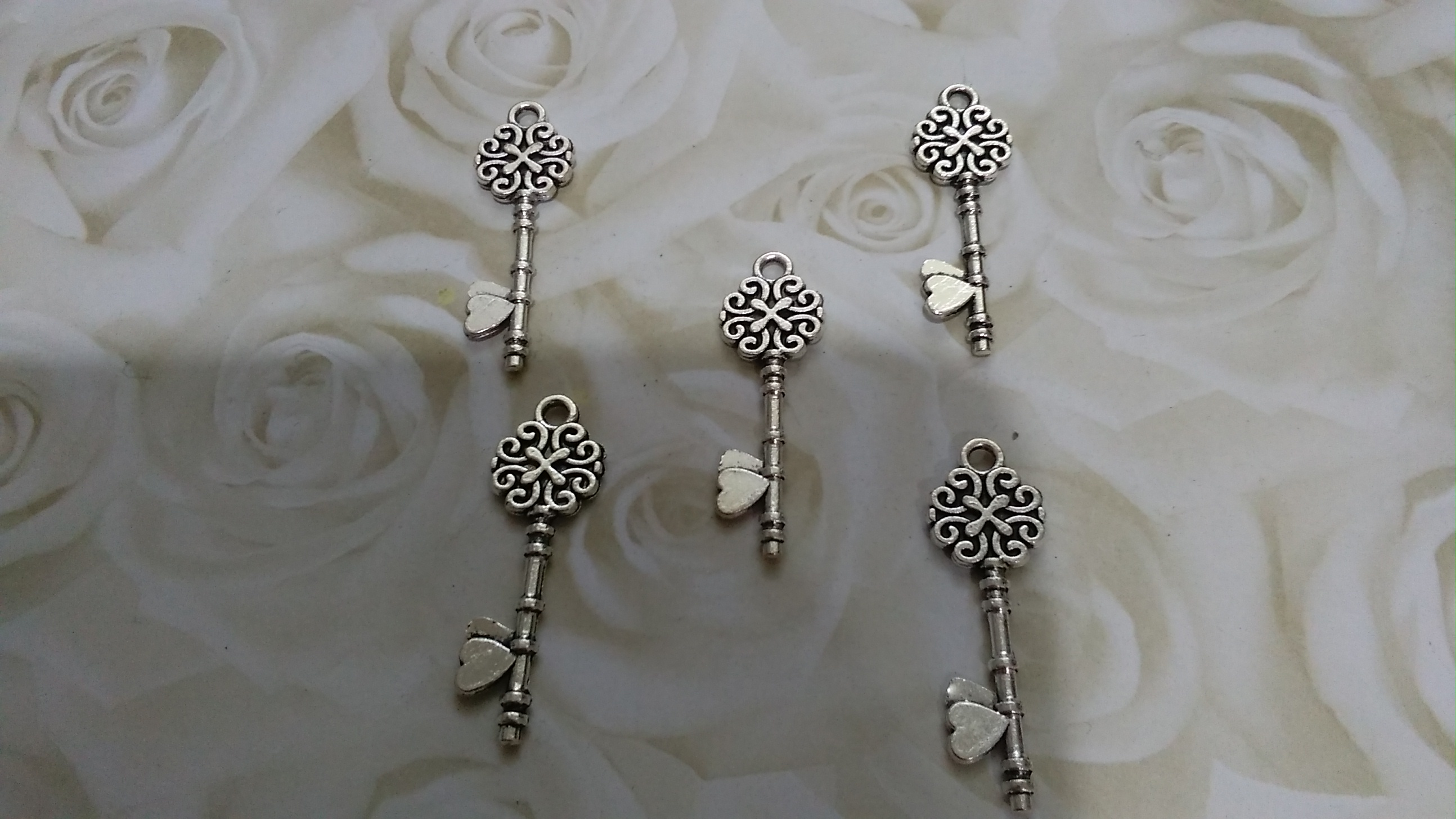 Tibetan Silver Ornate and Heart 34x10mm Key Charms